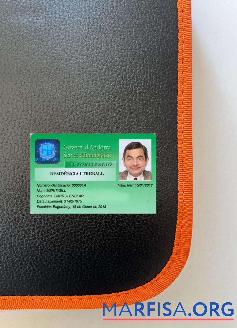 Printable Andorra residence permit card photolook front download for verification